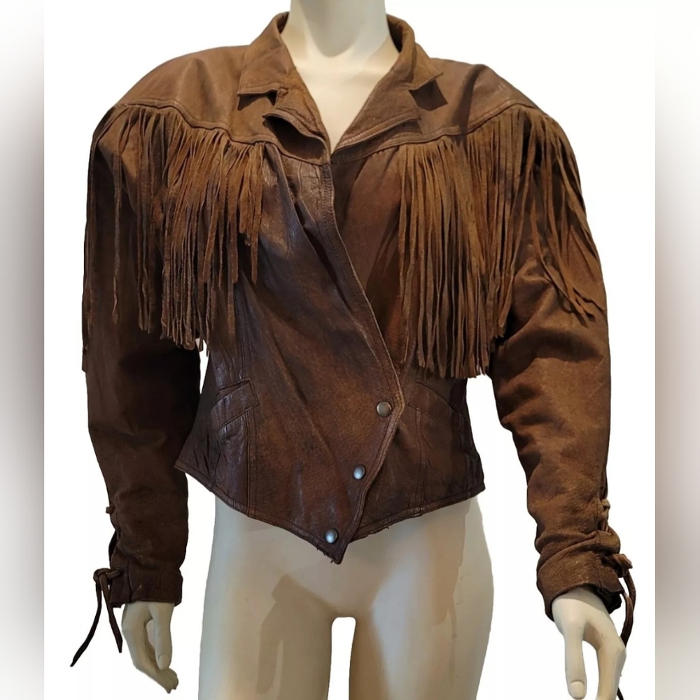 VTG Western Fringe Leather Jacket Adjust Fit Back Corset Waist & Pockets Large